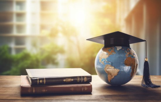 education graduation cap and tassel with a globe on a desk stock photo, in the style of motion blur panorama, double exposure, travel, scientific diagrams, installation creator, use of earth tones, high quality photo --ar 76:51 --v 5.2 Job ID: 593fcf85-f225-46b1-bbe2-686900476715